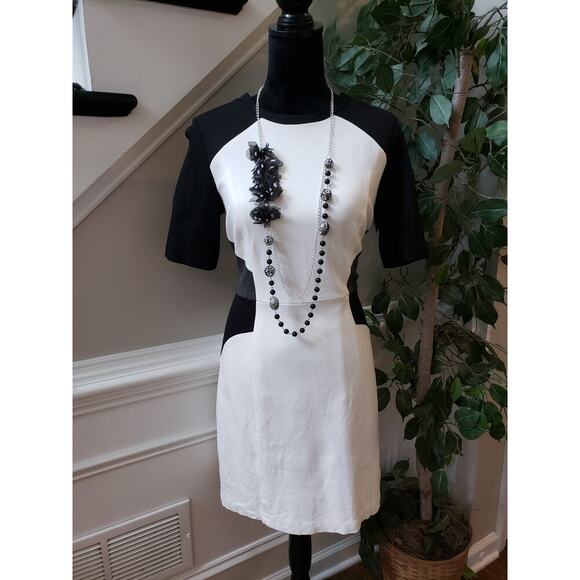 Milly Sheath Dress Women's L Black & White Lined Back Zip Short Sleeve Crew Neck - Picture 2 of 13